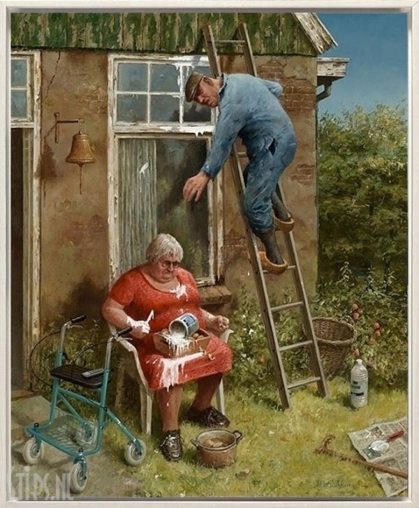 Schilder staat onveilig op een ladder en laat daarbij een pot verf vallen omdat de schilder geen Paintholder gebruikt. Veilig schilderen op hoogte